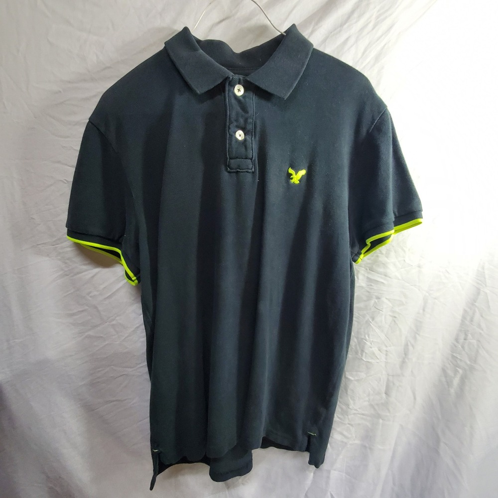 American Eagle Mens Athletic Fit Polo Shirt Black Neon Green Eagle Logo Medium